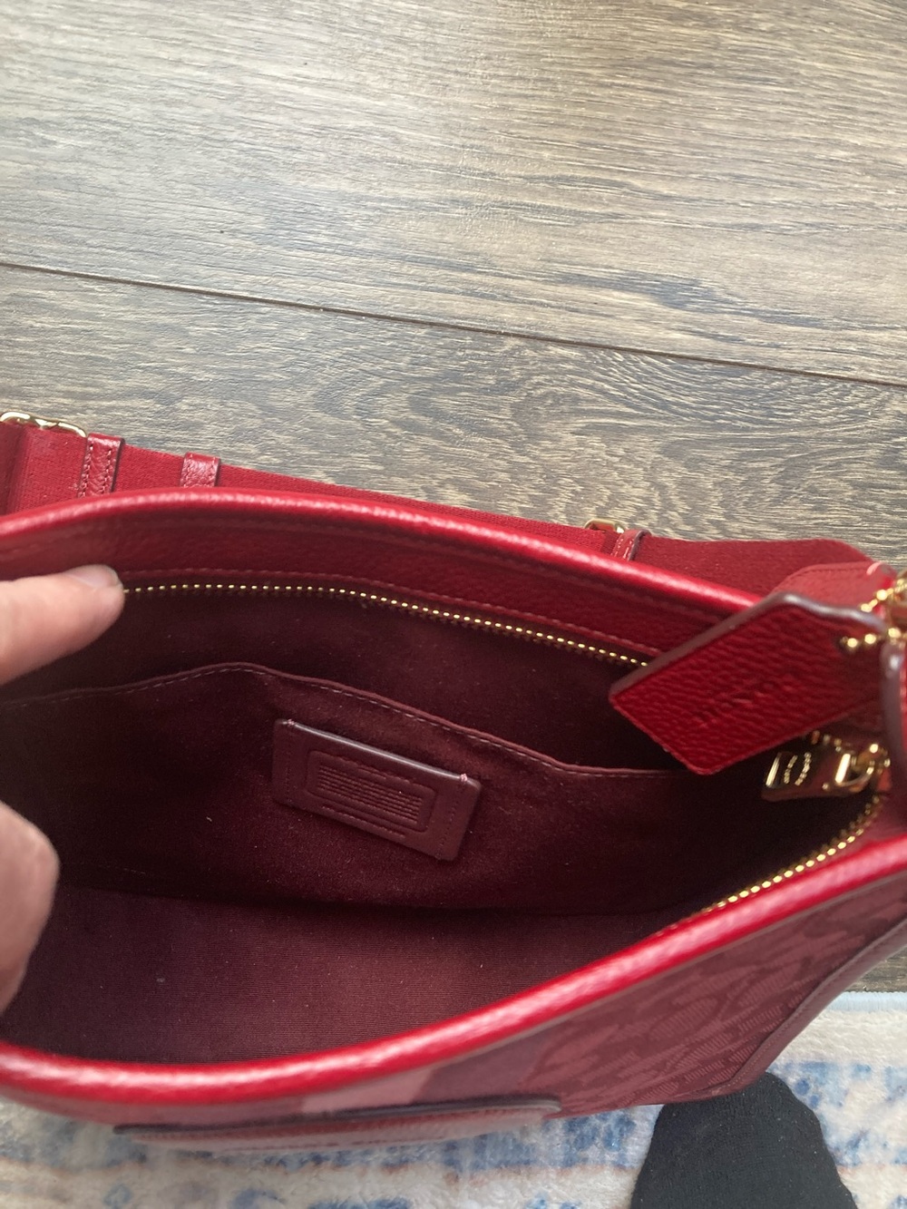 Coach Dempsey Red Signature Stripe Crossbody with Pink Accent - Picture 2 of 6